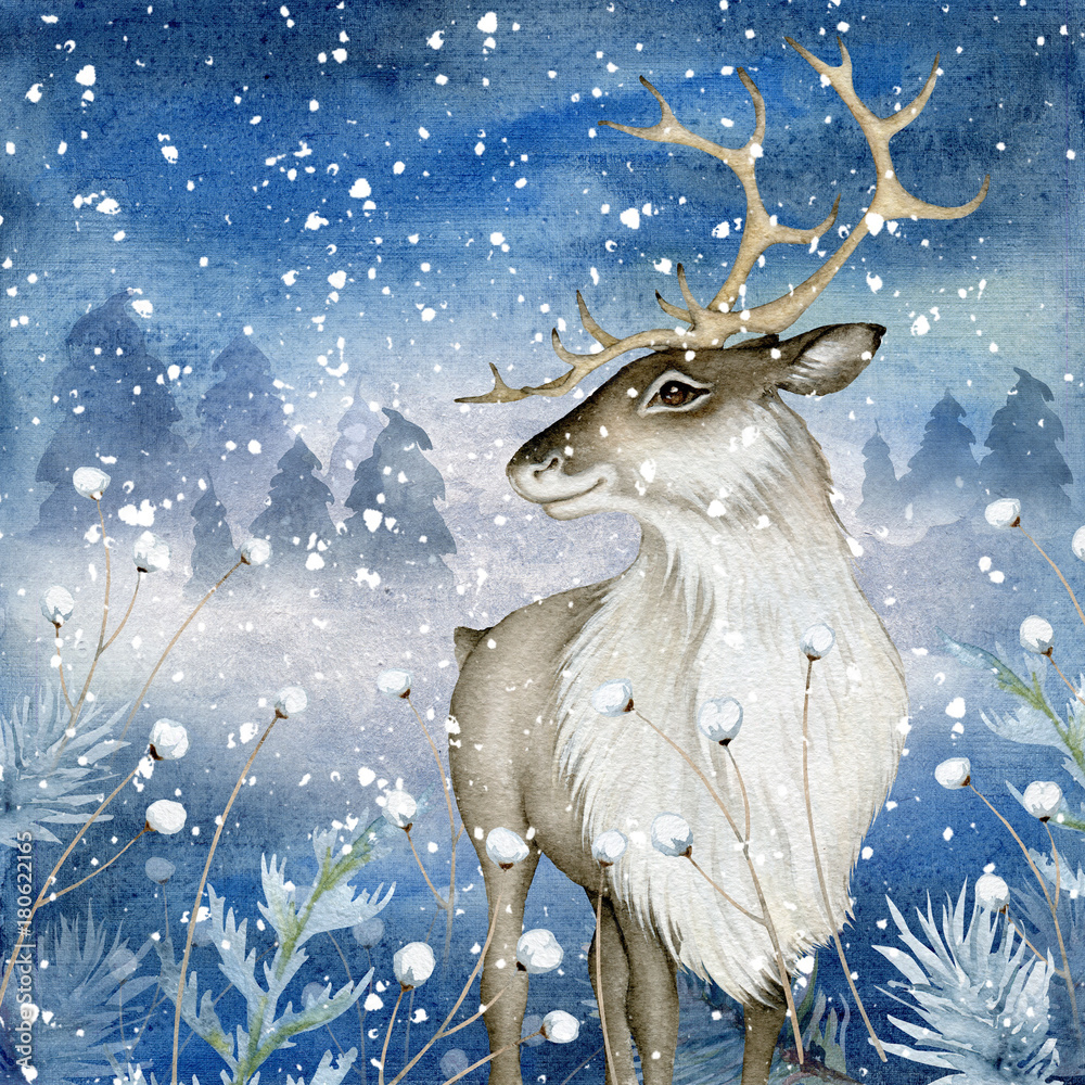 Obraz Akwarela reniferów na tle magii zimowych