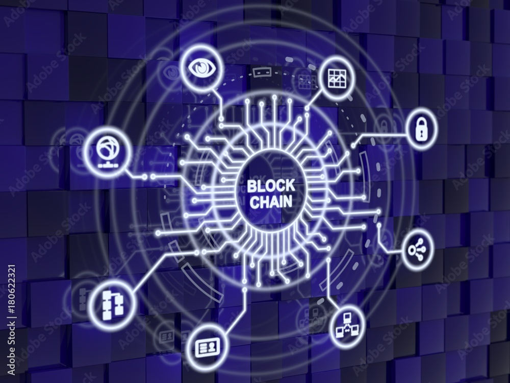 Blockchain symbols surrounding a circular circuit diagram on a blue cubes