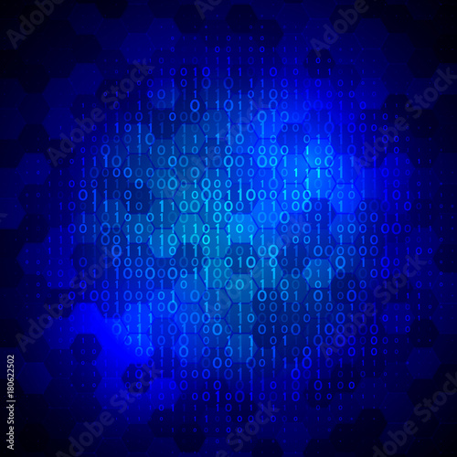 Abstract binary computer code. Hi tech digital technology on a blue background. Futuristic vector illustration.