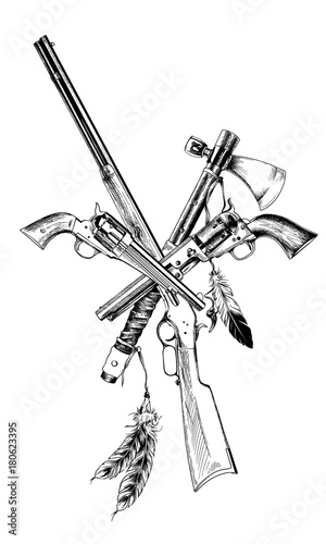 ancient weapons of the wild West, drawn with ink on a white background photo