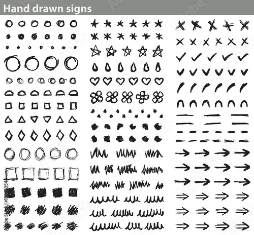 Hand drawn signs. Set of simple hand-drawn signs: arrows, lines, geometric figures, symbols ... 