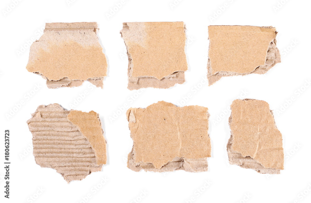 Cardboard scraps, set and collection, isolated on white background