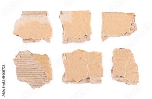 Cardboard scraps, set and collection, isolated on white background