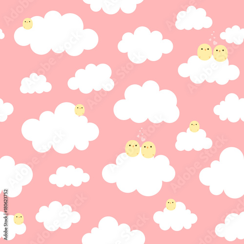 Cute Cartoon Chick Seamless Pattern with Cloud, Vector Illustration