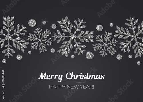Vector Merry Christmas Happy New Year greeting card design with silver snowflake decoration for holiday season.