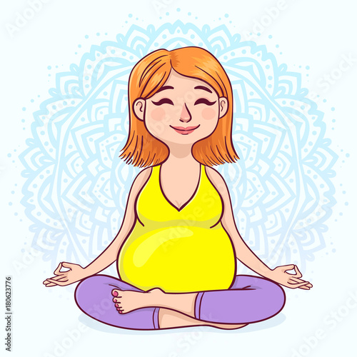 Pregnant redhead woman in lotus position against mandala background. Cute cartoon style. Vector illustration.
