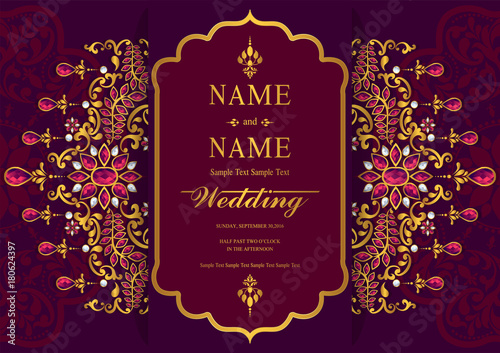 Indian wedding Invitation card templates with patterned and crystals on paper color.