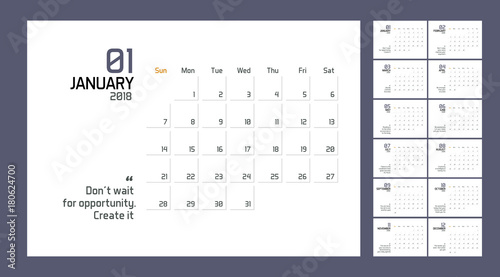 Modern minimal Calendar Planner Template for 2018 Year. Vector design editable template with wise quotes for success.