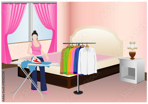 the lady pressing cloth in the room