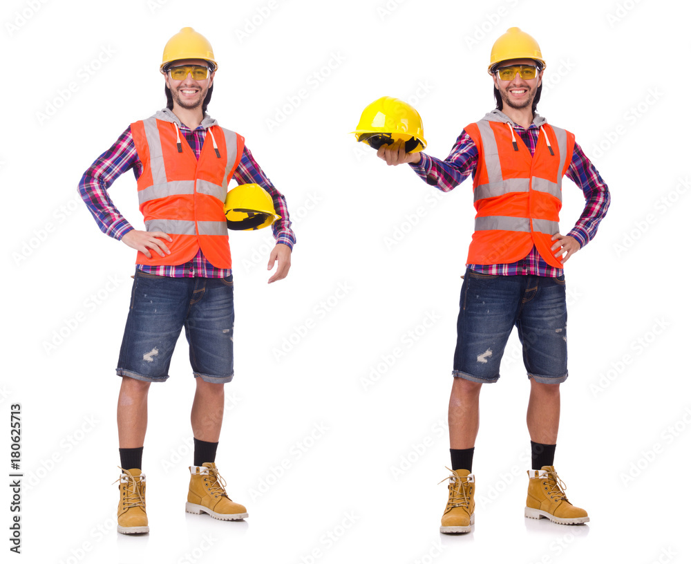 Young construction worker in helmet and briefs isolted on white Young construction worker in helmet and briefs isolted on white