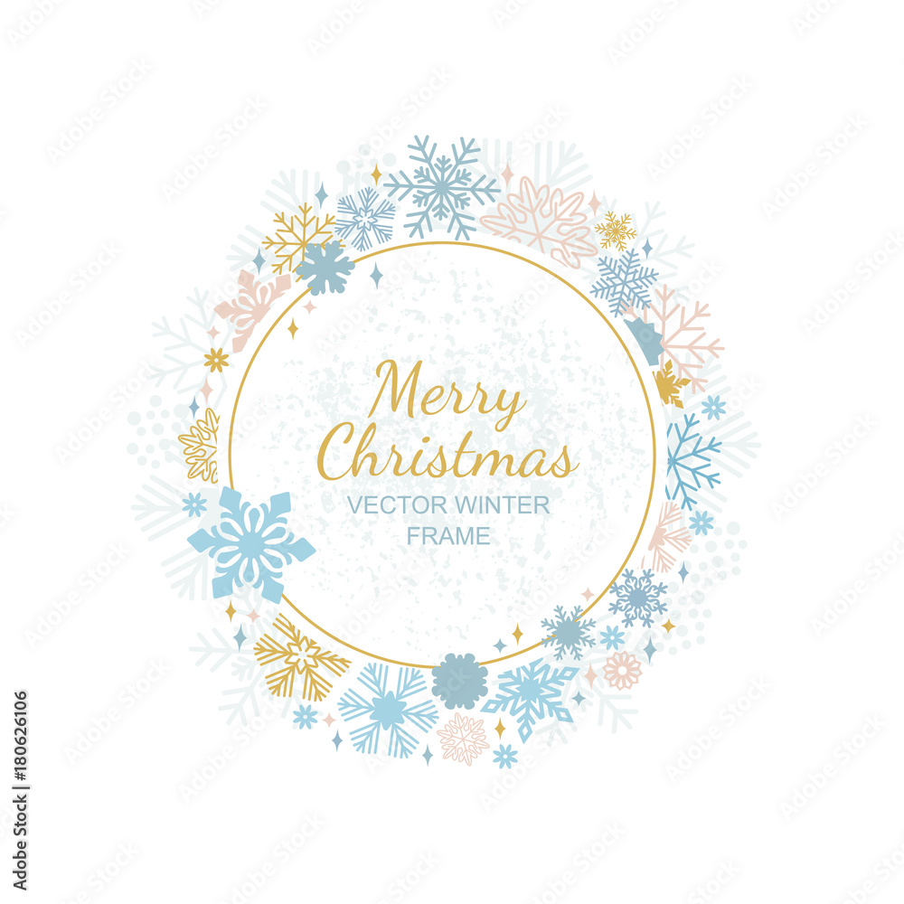Circle snowflake frame, festive decoration on white background, Christmas design. Vector illustration, merry xmas snow flake framework