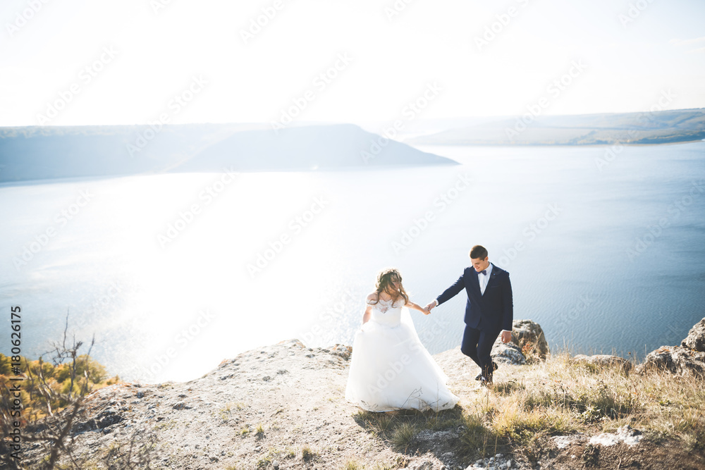 Happy wedding couple staying over beautiful landscape Happy wedding couple staying over beautiful landscape