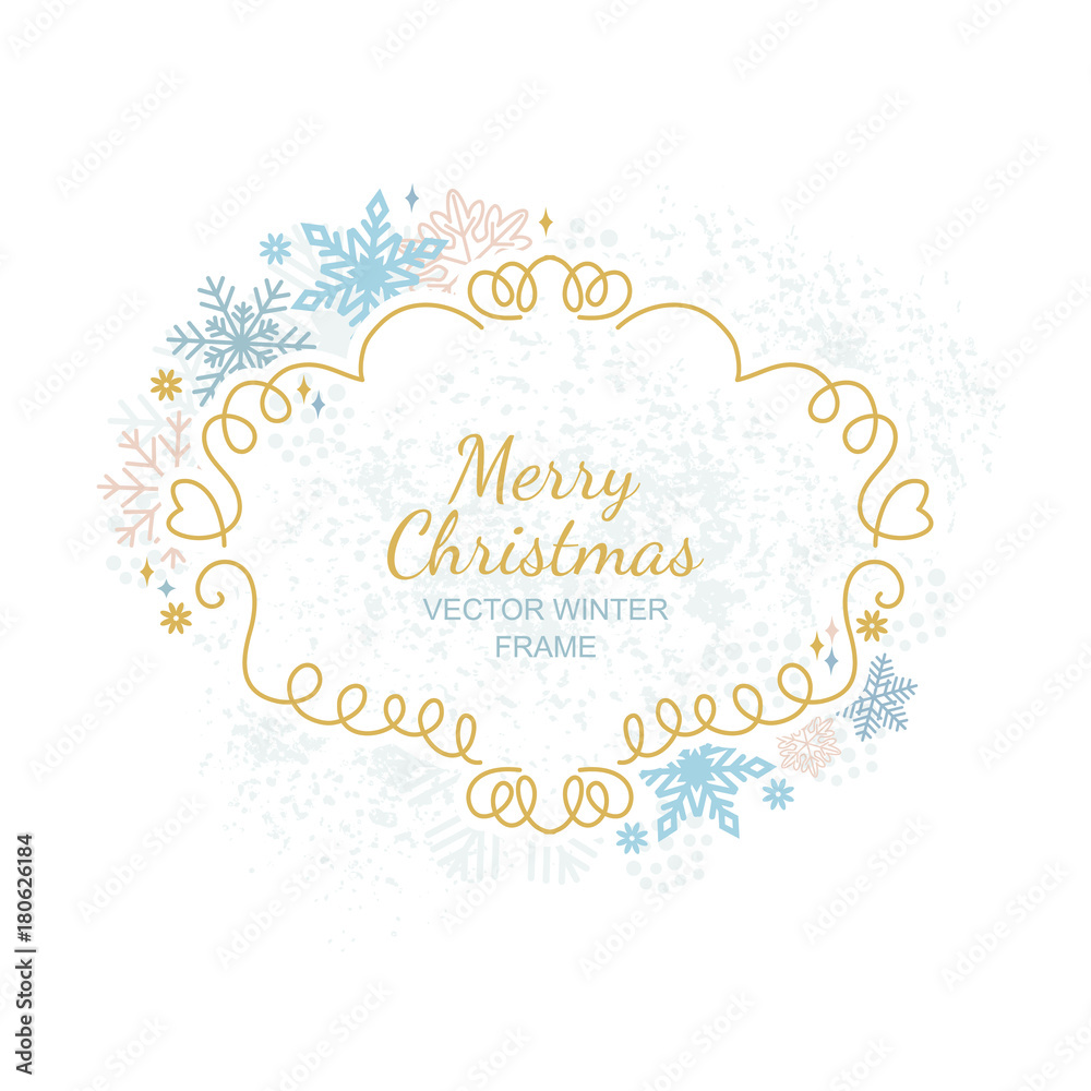 Naklejka premium Snowflake frame, decoration on white background, Christmas design for invitation, greeting card or postcard. Vector illustration, merry xmas snow flake framework