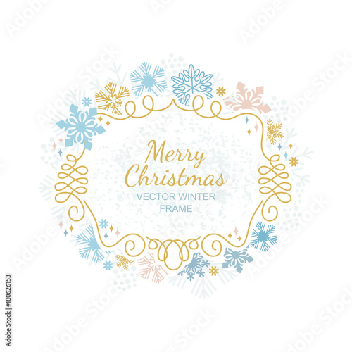 Snow flake frame on white background, Christmas design for invitation, greeting card. Vector illustration, merry xmas snowflake framework