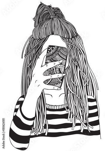 Cool yong girl taking picture on smartphone. Adult Coloring book page. Young woman. Black and white Hand-drawn vector illustration. Zentangle style.