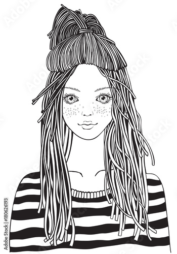 Cool yong girl in a striped sweater. Adult Coloring book page. Young woman. Black and white Hand-drawn vector illustration. Zentangle style.