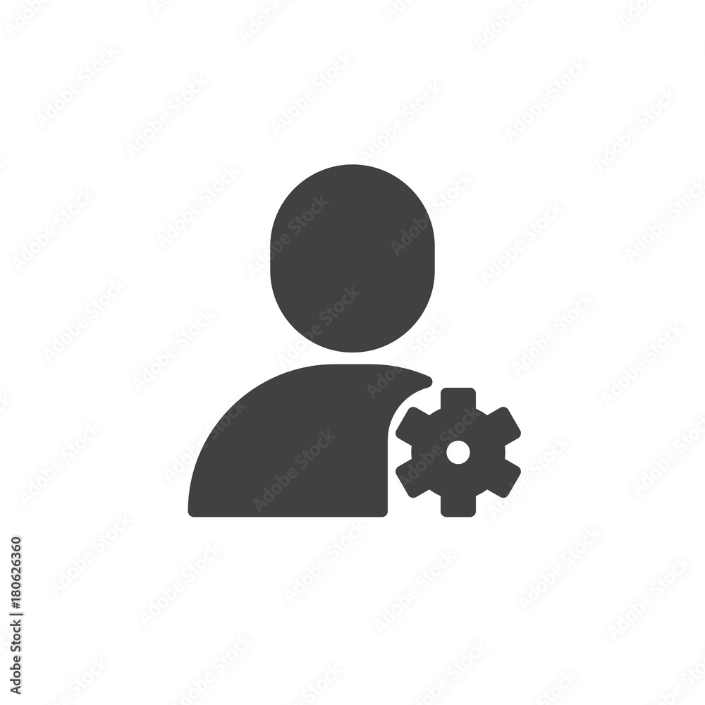 Account settings icon vector, filled flat sign, solid pictogram isolated on white. User with gear wheel symbol, logo illustration. Account settings icon vector, filled flat sign, solid pictogram isolated on white. User with gear wheel symbol, logo illustration.
