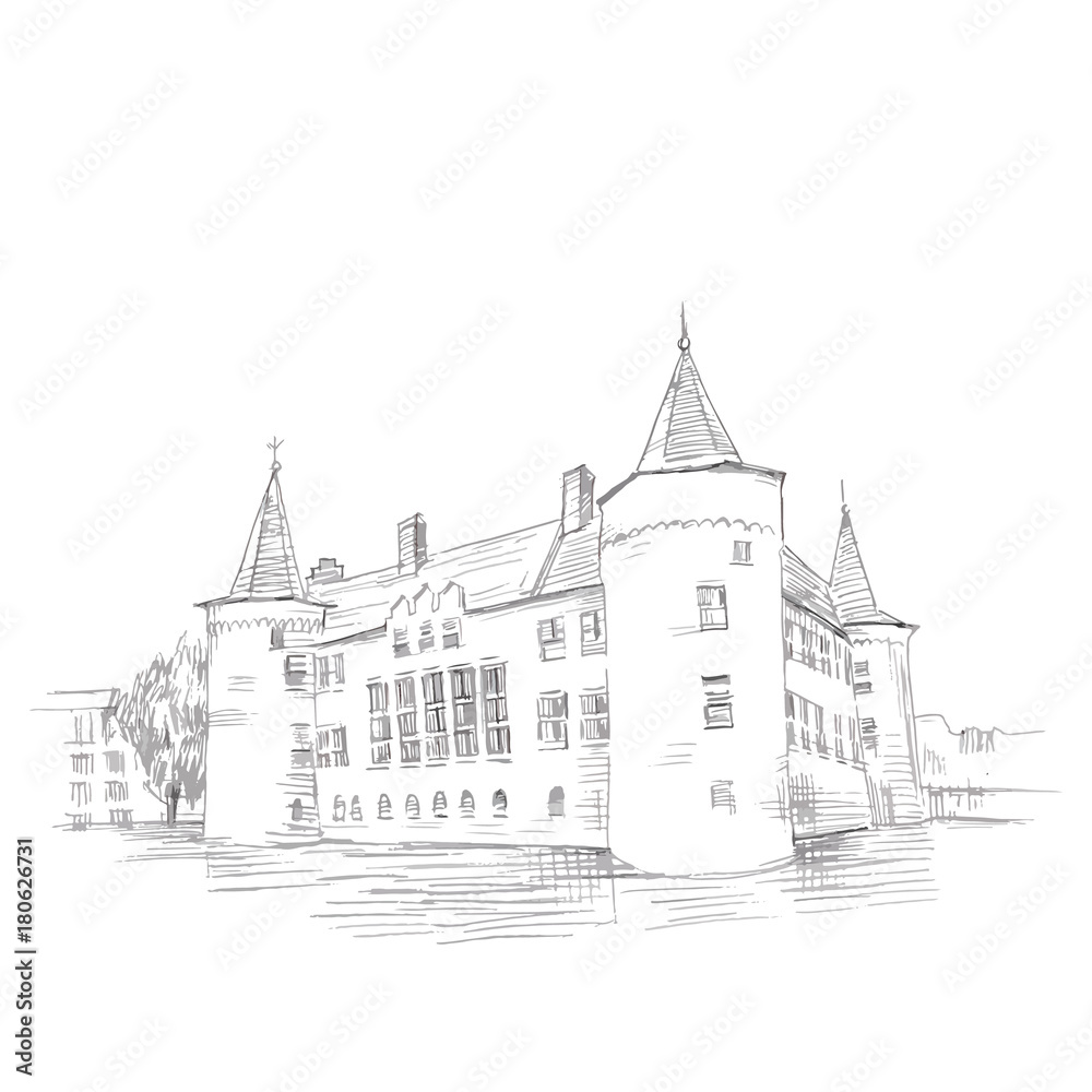 Graphic illustration of a castle. Picture of an old West European castle. Graphical black and white illustration