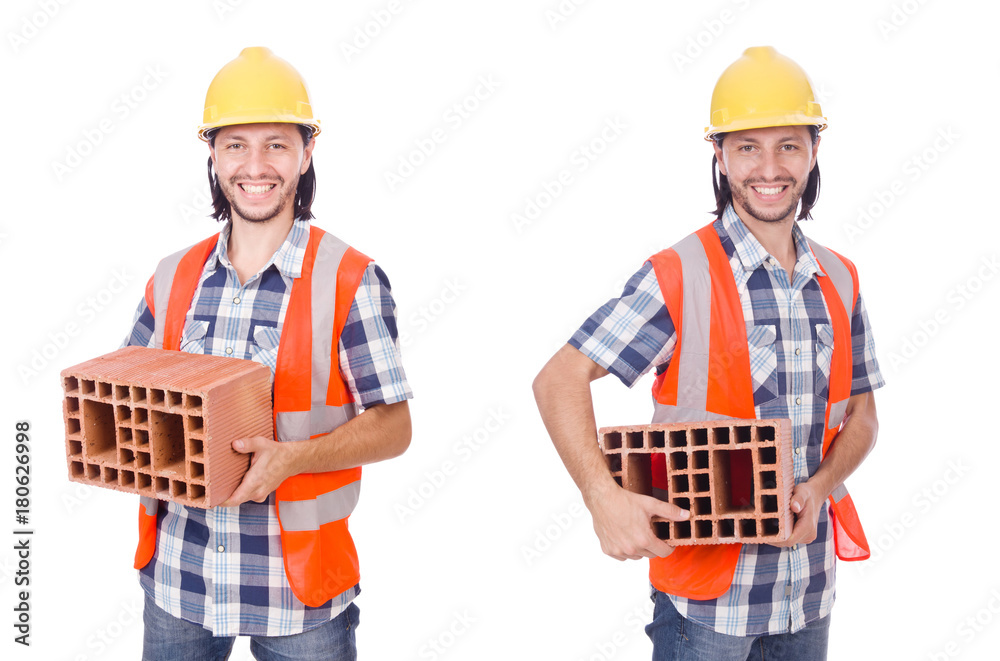 Builder with clay bricks isolated on white