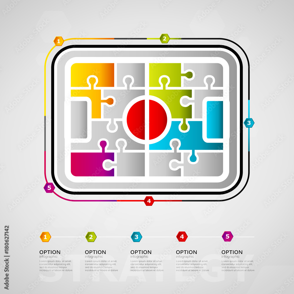 Five options strategy timeline infographic design with soccer field icon made out of jigsaw pieces Five options strategy timeline infographic design with soccer field icon made out of jigsaw pieces