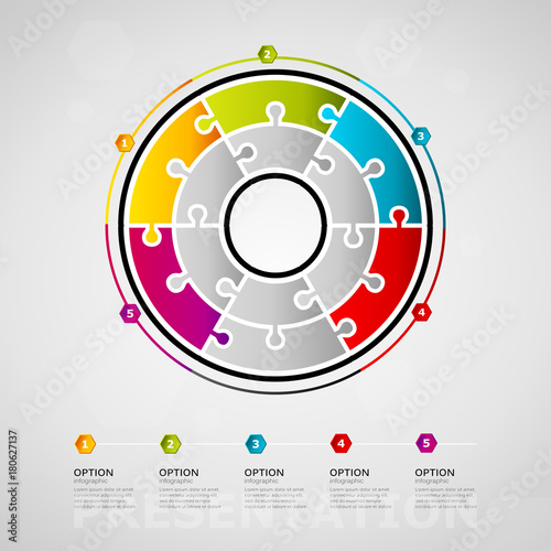 Five options presentation timeline infographic design with circle made out of jigsaw pieces