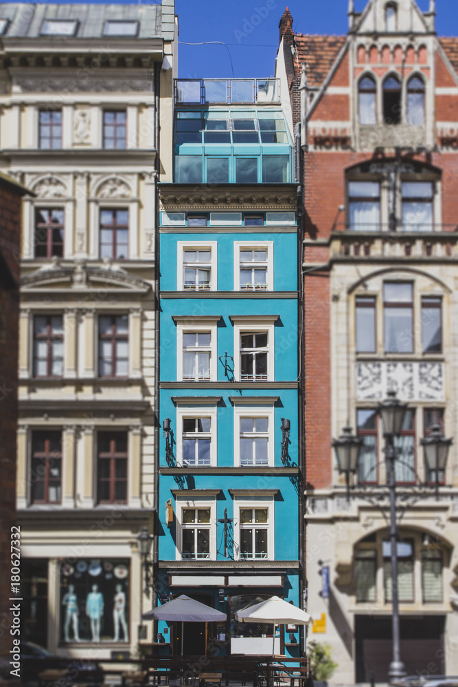 The facades of the  vintage houses, tilt shift effect