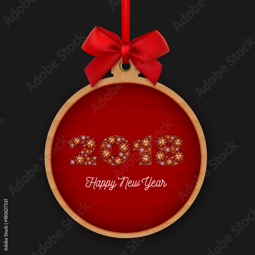 Happy New Year 2018 round banner with red ribbon and bow. Number 2018 made of snowflakes on a red background. Vector Christmas Holidays Card, Corporate business style