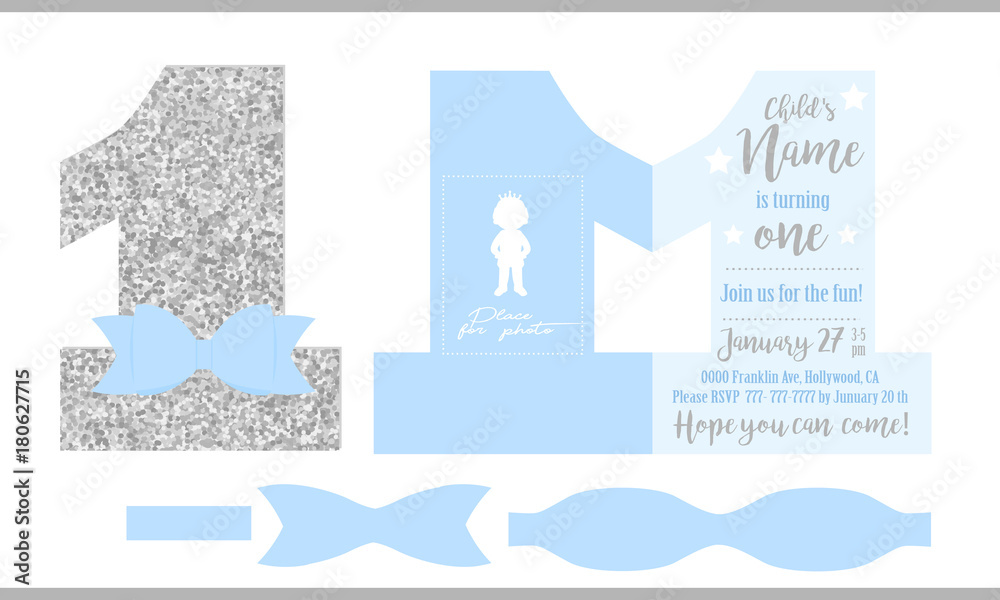 first birthday boy s party printable invitation card for little prince silver glitter and blue shaped invite number one template have place for real child s photo decorated die paper tie bow stock