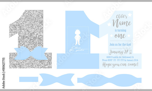 First birthday boy's party. Printable invitation card for little prince. Silver glitter and blue. Shaped invite - number one. Template have place for real child's photo. Decorated die paper tie bow.