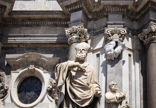 View of statues at at Cathedral of Sant Agata in Catania / Italy. It is prominent baroque cathedral known for its columned facade, domed roof, frescoes & paintings.