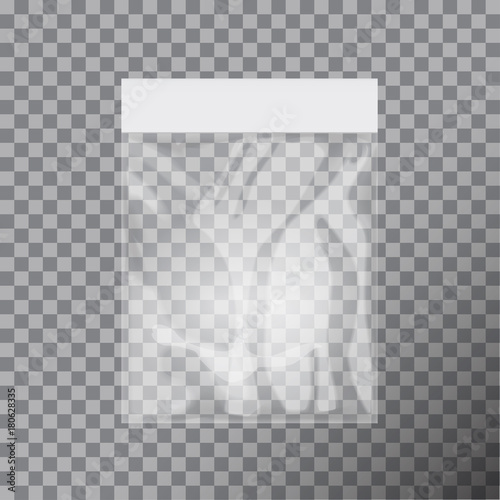 Blank transparent plastic bag template. White packaging with hang slot. Mockup Vector illustration
