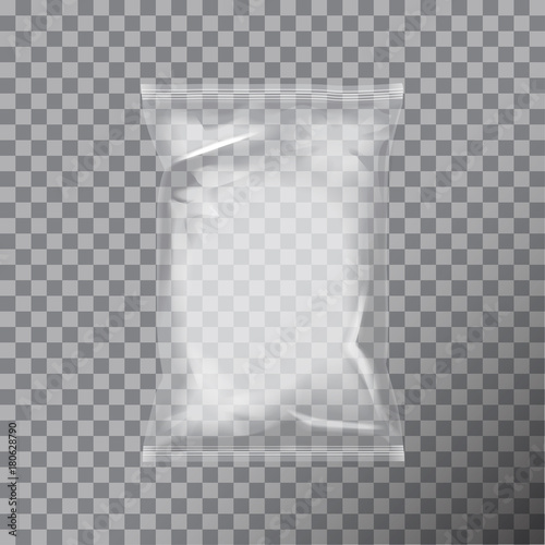 Transparent foil bag packaging for food, snack, coffee, cocoa, sweets, crackers, nuts, chips. Vector plastic pack mock up