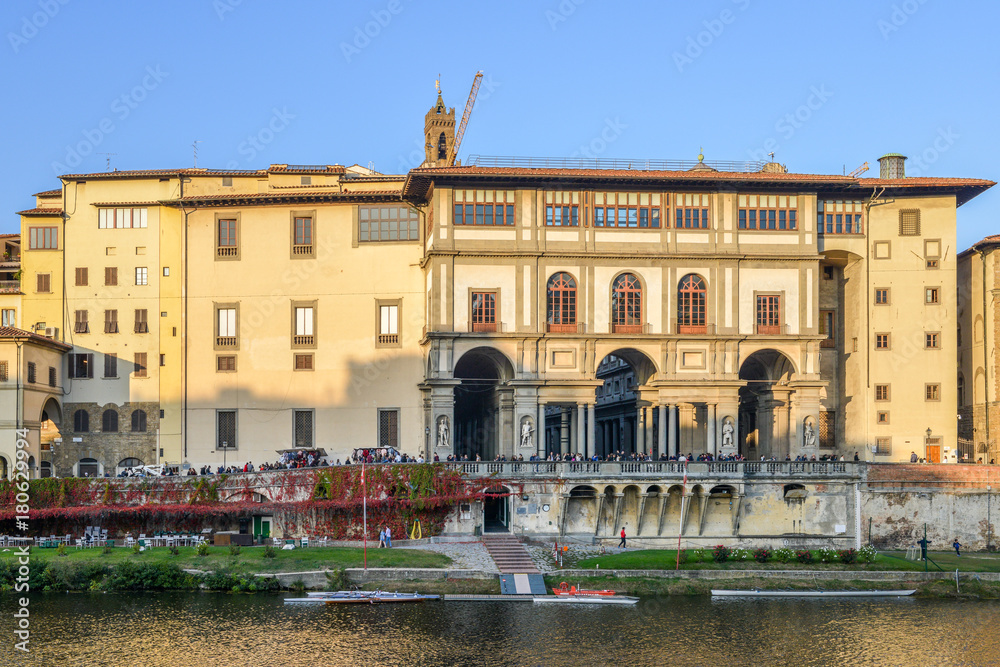 Florence, Italy - October 30th, 2017: Uffizi Gallery next to River Arno in Florence, Tuscany, Italy