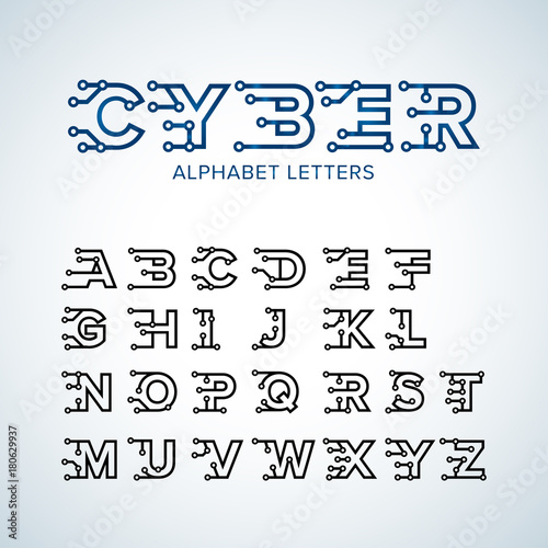 Cyber Techno type font alphabet. Digital hi-tech style letters, numbers and symbols. Stock vector for your headlines, posters etc. Isolated vector illustration.