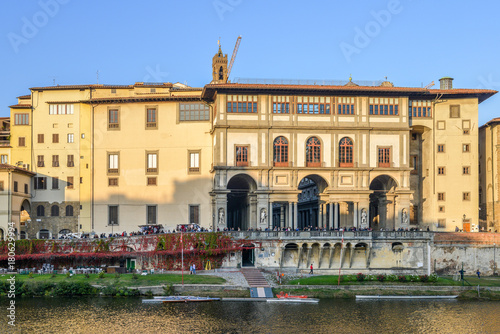 Florence, Italy - October 30th, 2017: Uffizi Gallery next to River Arno in Florence, Tuscany, Italy