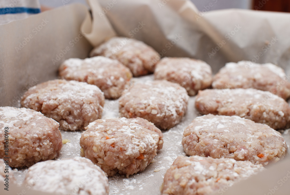 fresh minced raw meat cutlets on tray with flour on parchment fresh minced raw meat cutlets on tray with flour on parchment