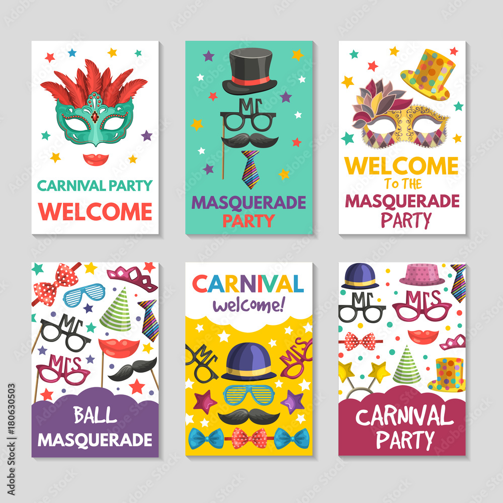 Banners or cards set with illustrations of funny tools for masquerade. Design template with place for your text