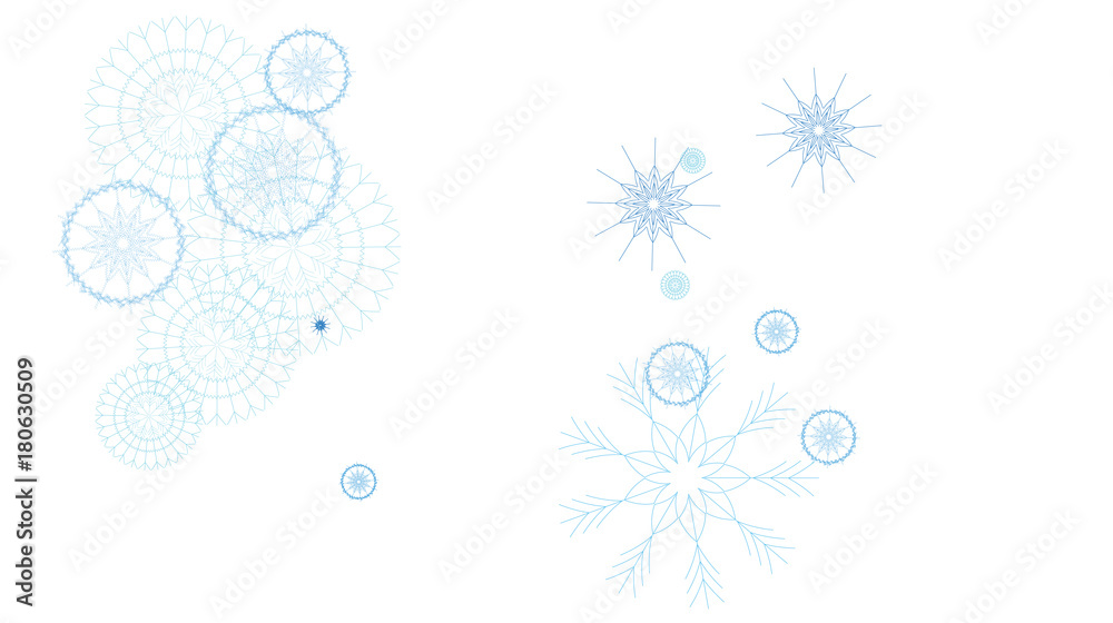 Naklejka premium Snowflakes Confetti. Christmas or New Year Festive Celebration Background. Flying or Falling Blue Snowflakes Confetti on White Falling Snow Background, Winter Mood, Frost Ice Weather. Cold Snow Frame