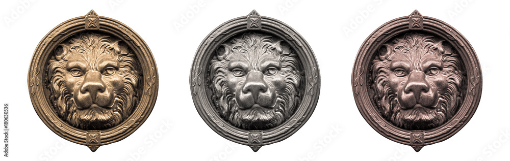 old metal lion’s head on white background, set of gold, silver and bronze vintage medals