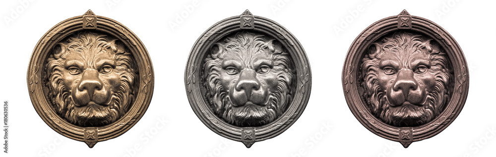 old metal lion’s head on white background, set of gold, silver and bronze vintage medals old metal lion’s head on white background, set of gold, silver and bronze vintage medals