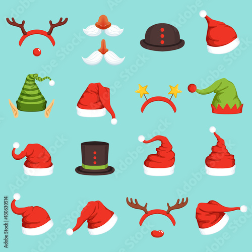 Hats of different christmas characters. Cap of santa, elf and snowman. Vector illustrations in cartoon style