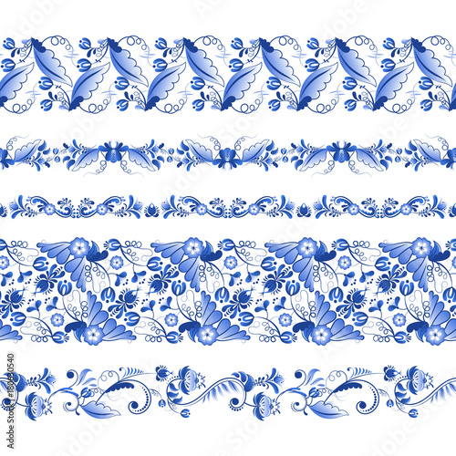 Russian traditional elements. Set of horizontal seamless pattern in gzhel style