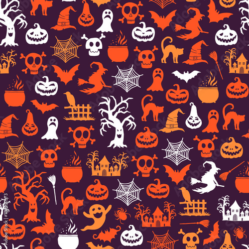 Vector halloween pattern background with witches, pumpkins, ghosts, spiders silhouettes