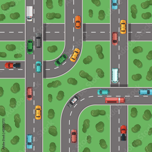 Vector top view highways with cars and with trees in between top view illustration