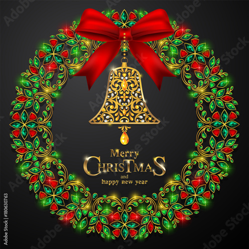 Christmas Greeting and New Years dinner menu card templates with gold patterned and crystals on background color.