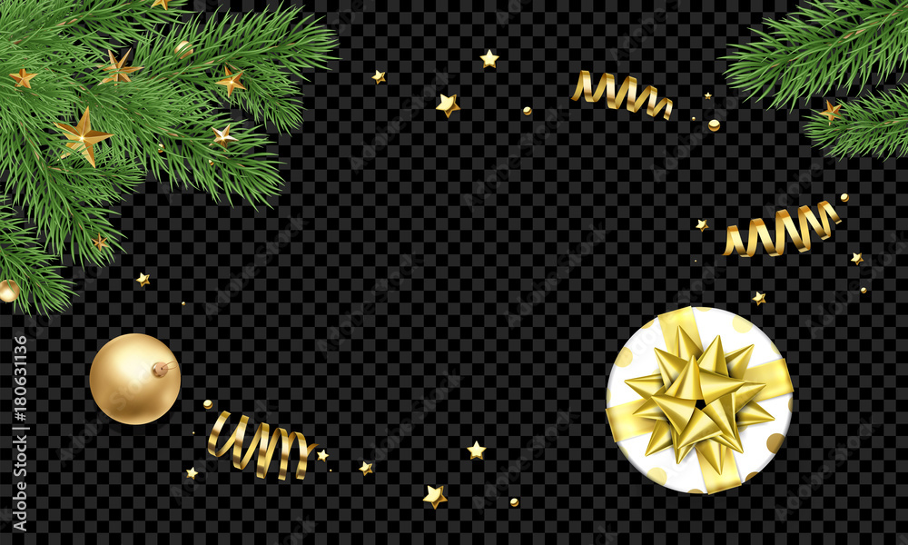 Christmas or New Year holiday background template of golden decoration, gift golden ribbon bow or gold confetti on transparent black. Vector Christmas tree greeting card or premium sale design Christmas or New Year holiday background template of golden decoration, gift golden ribbon bow or gold confetti on transparent black. Vector Christmas tree greeting card or premium sale design