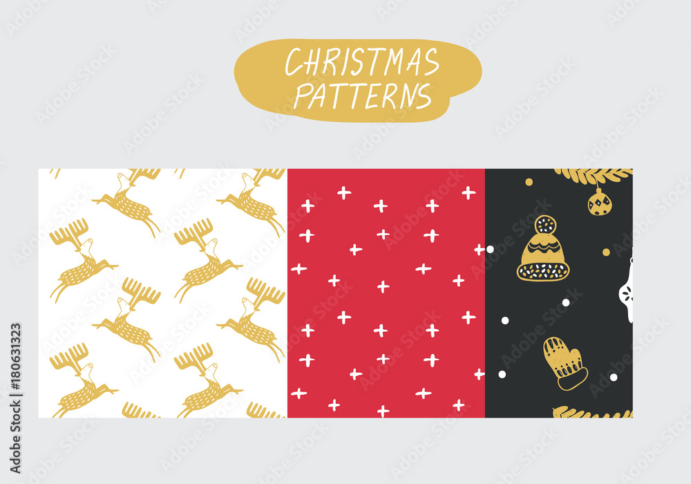 Obraz premium Vector seamless Christmas and New Year cartoon pattern set. Red, gold and black. Pattern collection for paper, textile, handmade decoration, scrap-booking, polygraphy, t-shirt, cards.