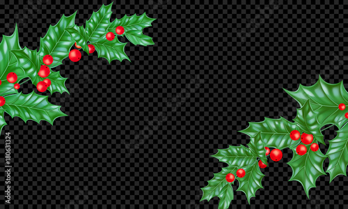 Christmas or New Year holiday background template of New Year fir or pine tree branch on transparent black. Vector Christmas or New Year holly leaf wreath ornament frame for greeting card design