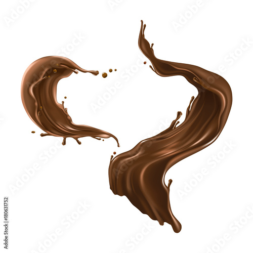 Set of hot chocolate, cacao or coffee splash realistic vector illustration isolated on white background. Appetizing liquid dessert product splashing design element for sweet beverage or drink ad