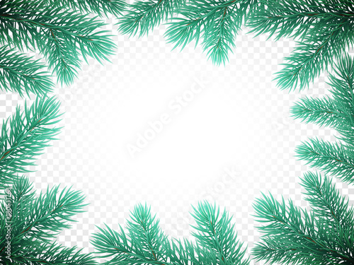 Christmas holiday greeting card background template of New Year fir or pine tree branch wreath frame of snow frost. Vector Christmas or New Year party or sale banner design on transparent white